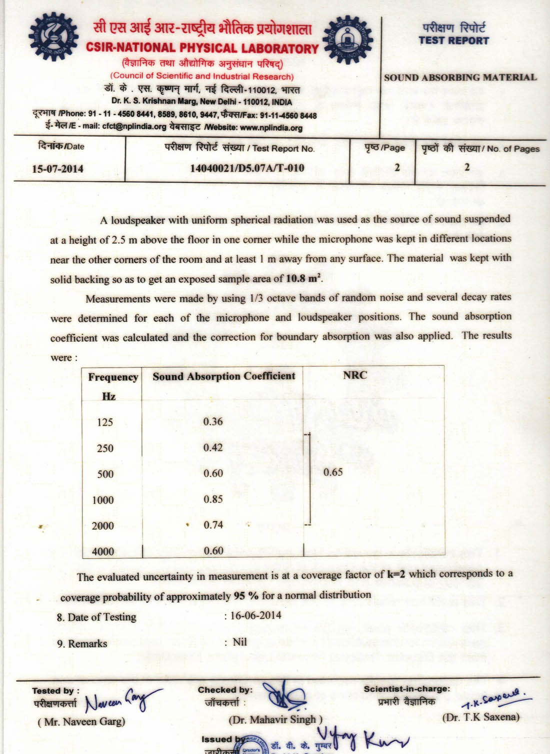 Measurement of Sound Absorption Coefficient in Reservation Room 0.65