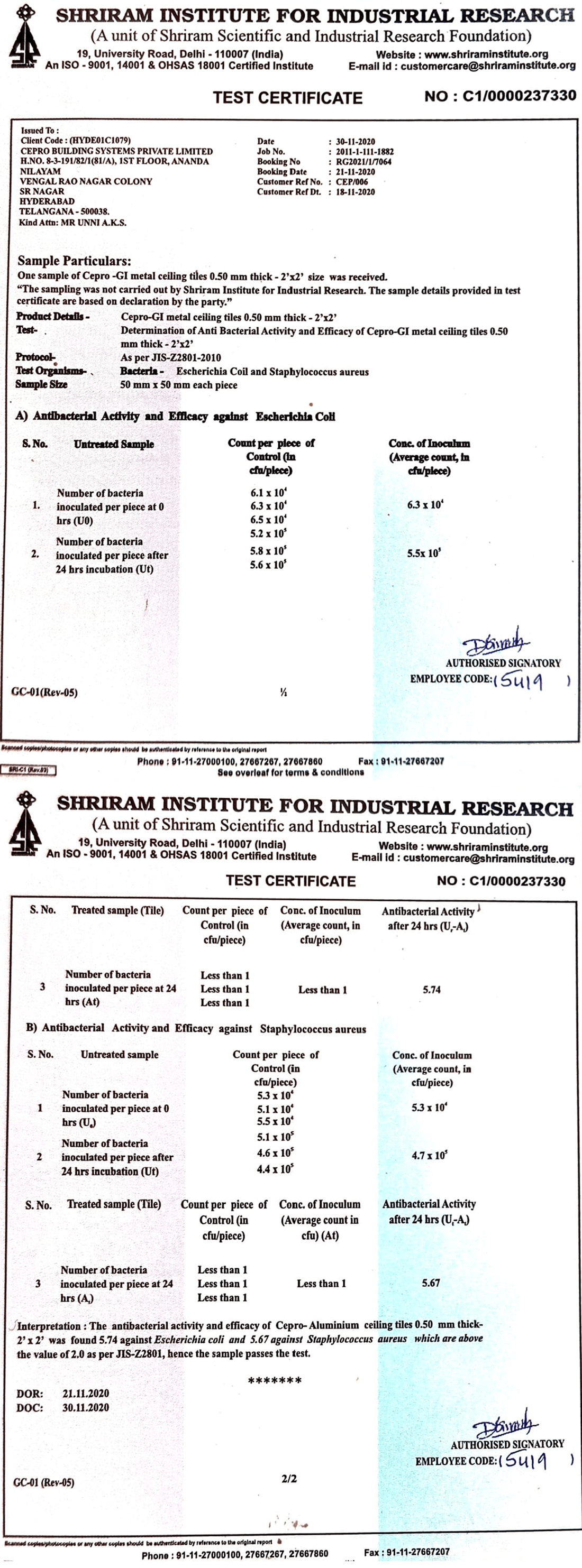 Anti Bacterial Activity & Efficiency of CEPro Metal Ceiling Tiles 0.50mm