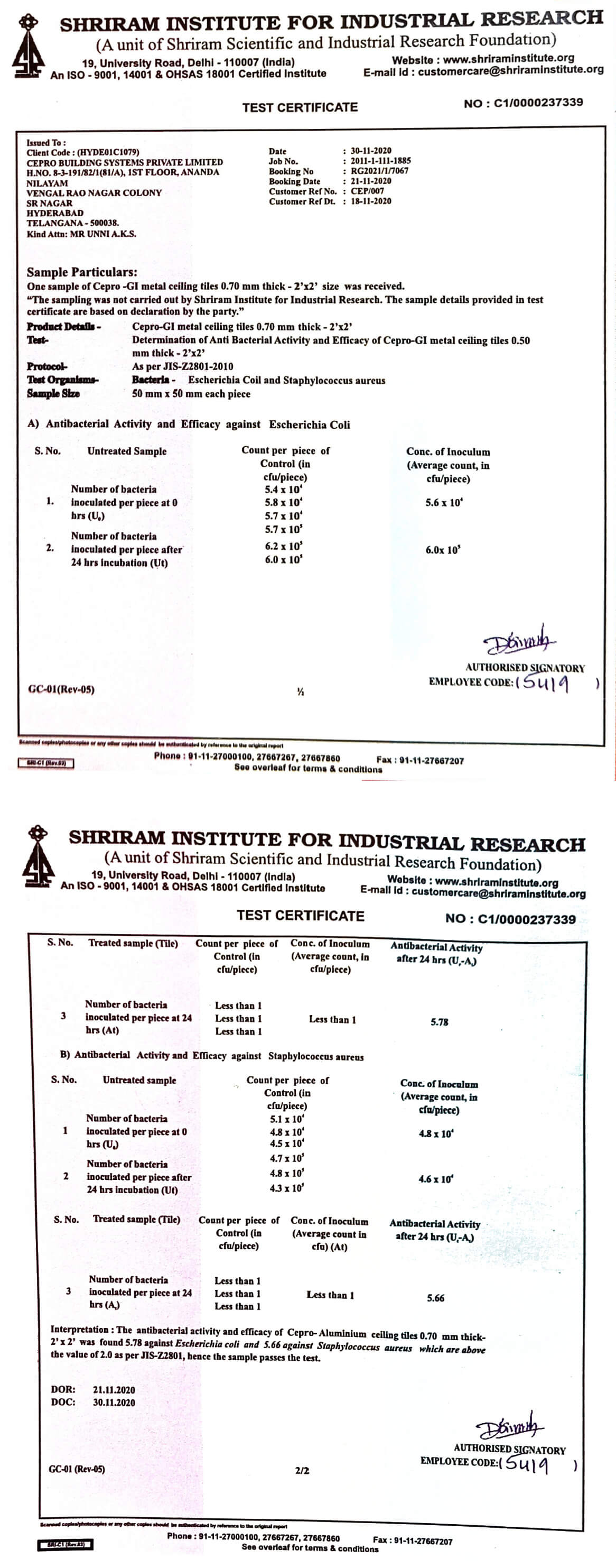 Anti Bacterial Activity & Efficiency of CEPro Metal Ceiling Tiles 0.70mm